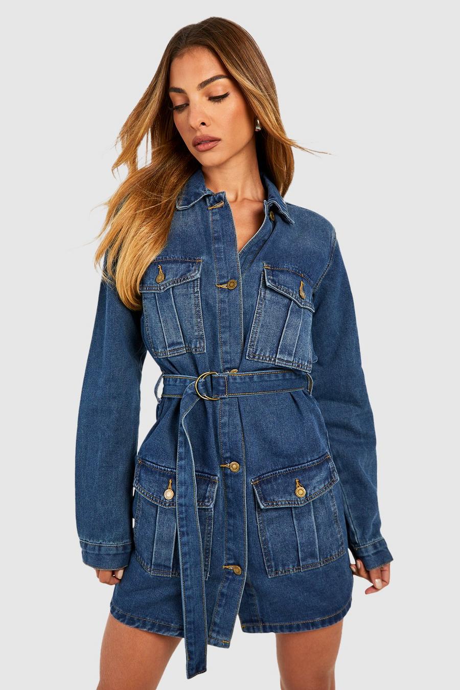 Utility Pocket Belted Denim Mini Shirt Dress | boohoo Utility Pocket Belted Denim Mini Shirt Dress | boohoo